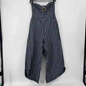 Altar'd State Denim Striped Strapless Wide Leg Jumpsuit Smocked Womens Large